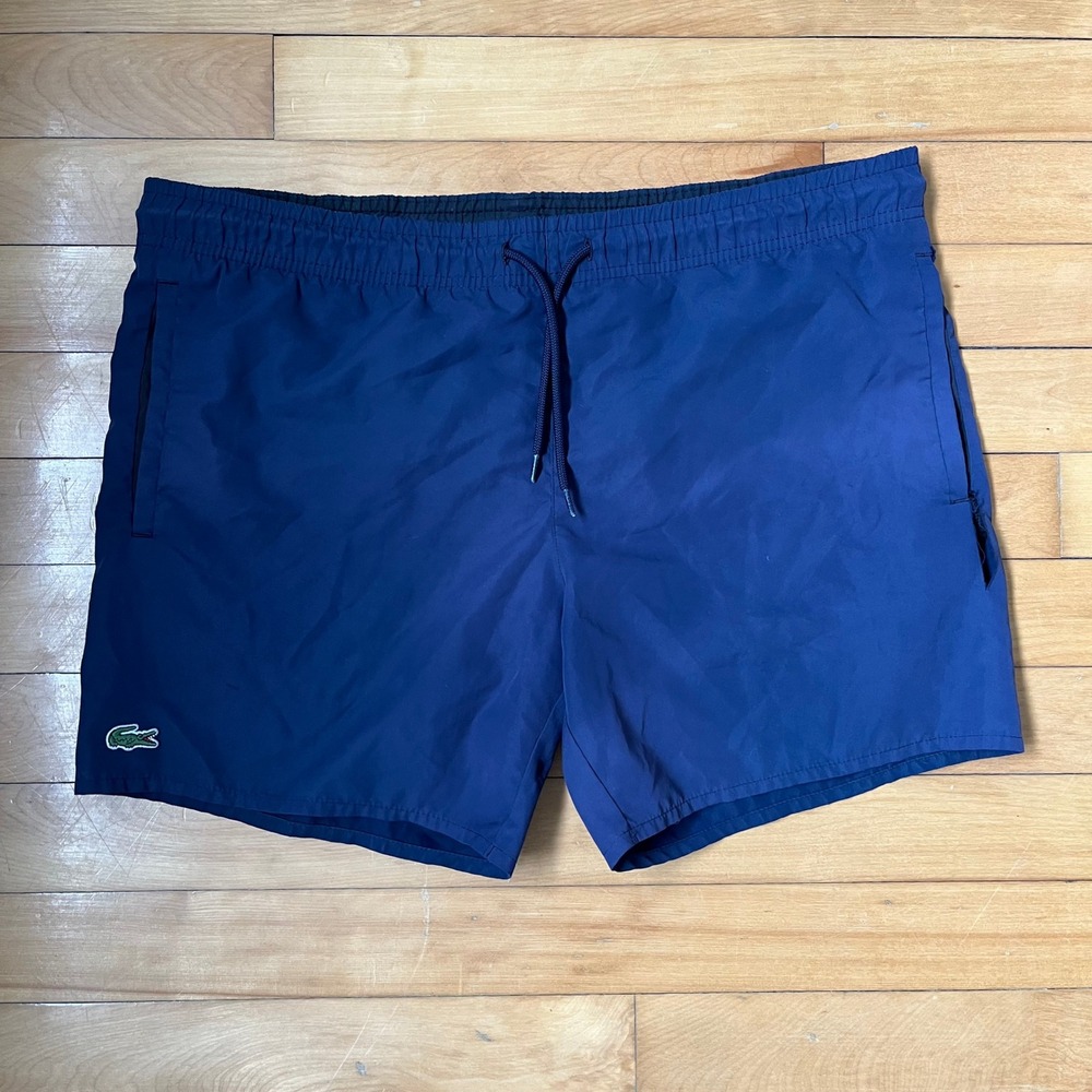 Lacoste Mens Navy Blue Swim Trunks Mesh Lined Logo Shorts Size M RN87651